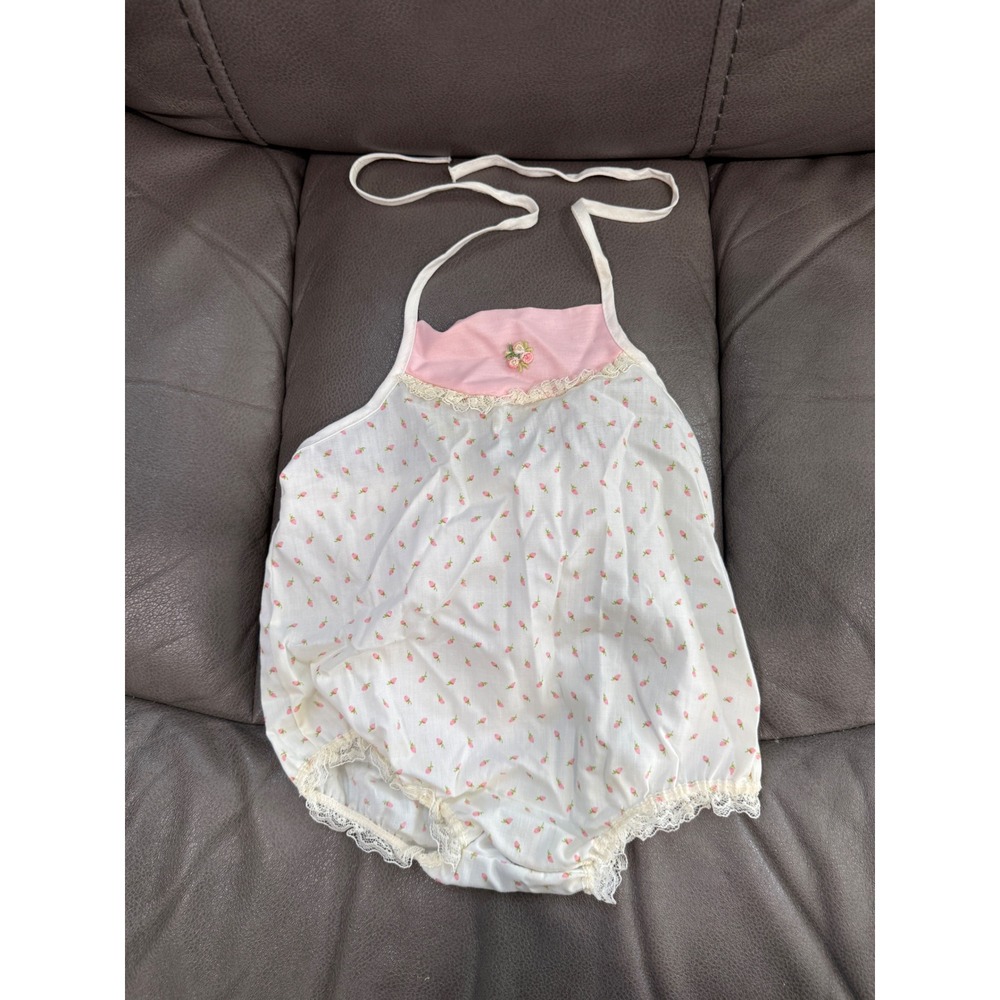 Vintage Baby Bliss Rosebud Floral Halter Sunsuit Lace Trim Pink White Medium